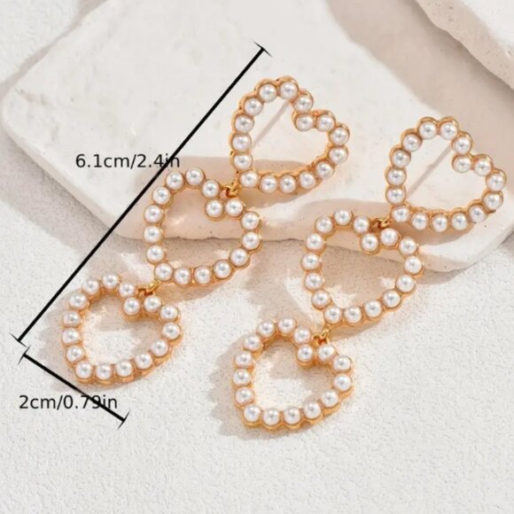 Heart Shaped Faux Pearl Drop Earrings - Gold Plated - Picture 3 of 3